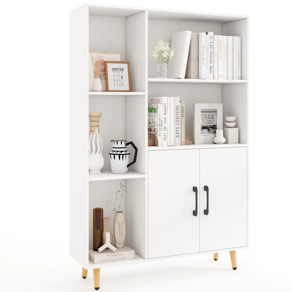Free Standing Pantry Cabinet with 2 Door Cabinet and 5 Shelves - White - Bookcases