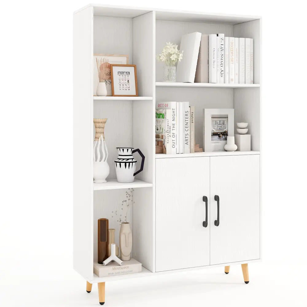 Free Standing Pantry Cabinet with 2 Door Cabinet and 5 Shelves - White - Bookcases