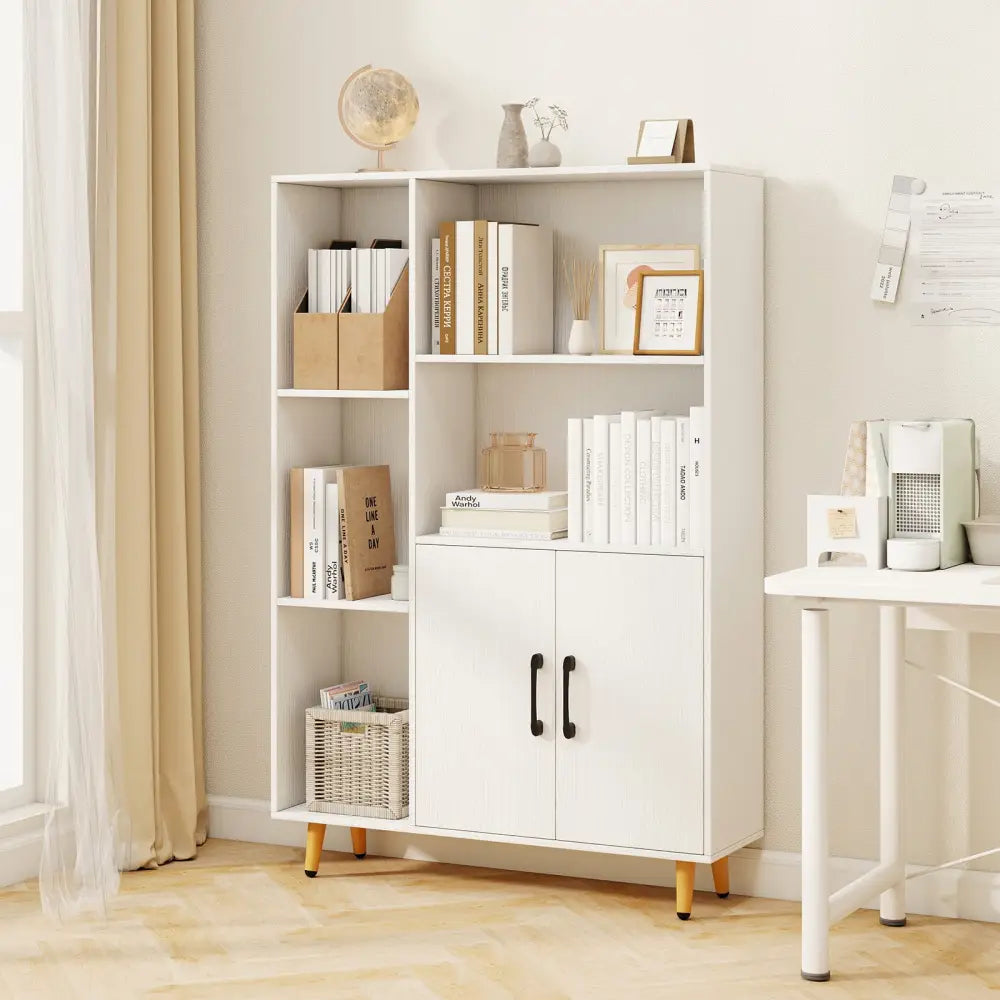 Free Standing Pantry Cabinet with 2 Door Cabinet and 5 Shelves - White - Bookcases
