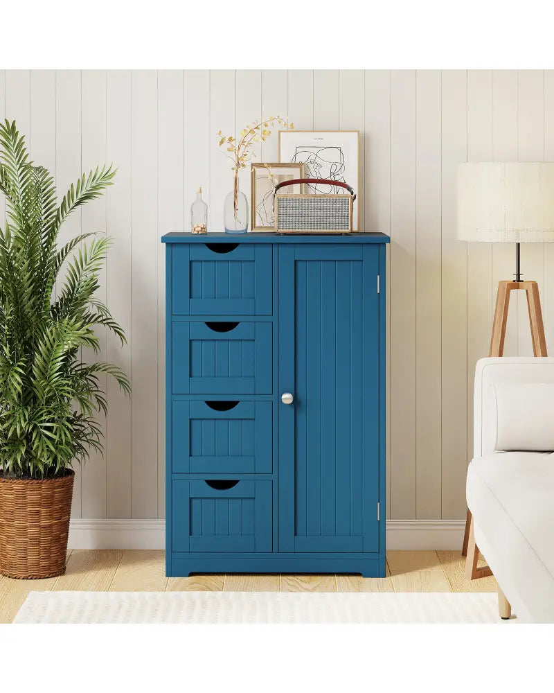 Free-Standing Wooden Cabinet with 4 Drawers and Door Cabinet-Blue - Blue - Floor Cabinets