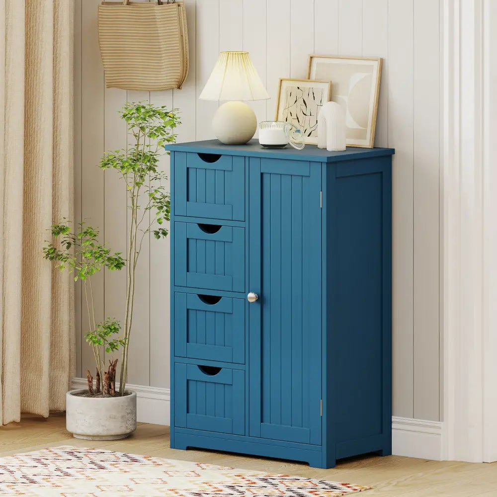 Free-Standing Wooden Cabinet with 4 Drawers and Door Cabinet-Blue - Blue - Floor Cabinets