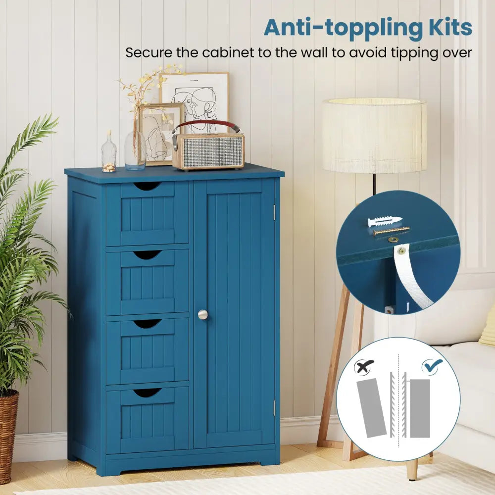 Free-Standing Wooden Cabinet with 4 Drawers and Door Cabinet-Blue - Blue - Floor Cabinets