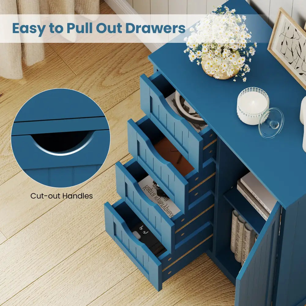 Free-Standing Wooden Cabinet with 4 Drawers and Door Cabinet-Blue - Blue - Floor Cabinets