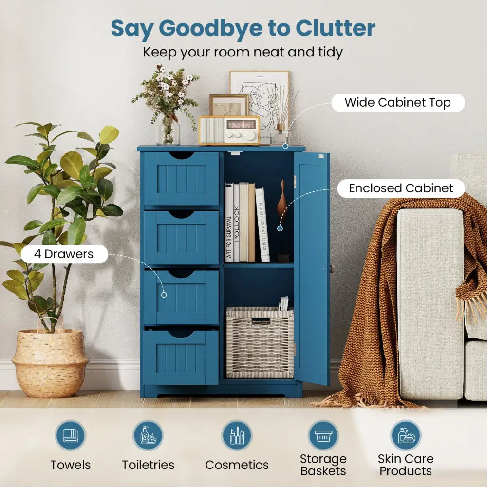Free-Standing Wooden Cabinet with 4 Drawers and Door Cabinet-Blue - Blue - Floor Cabinets
