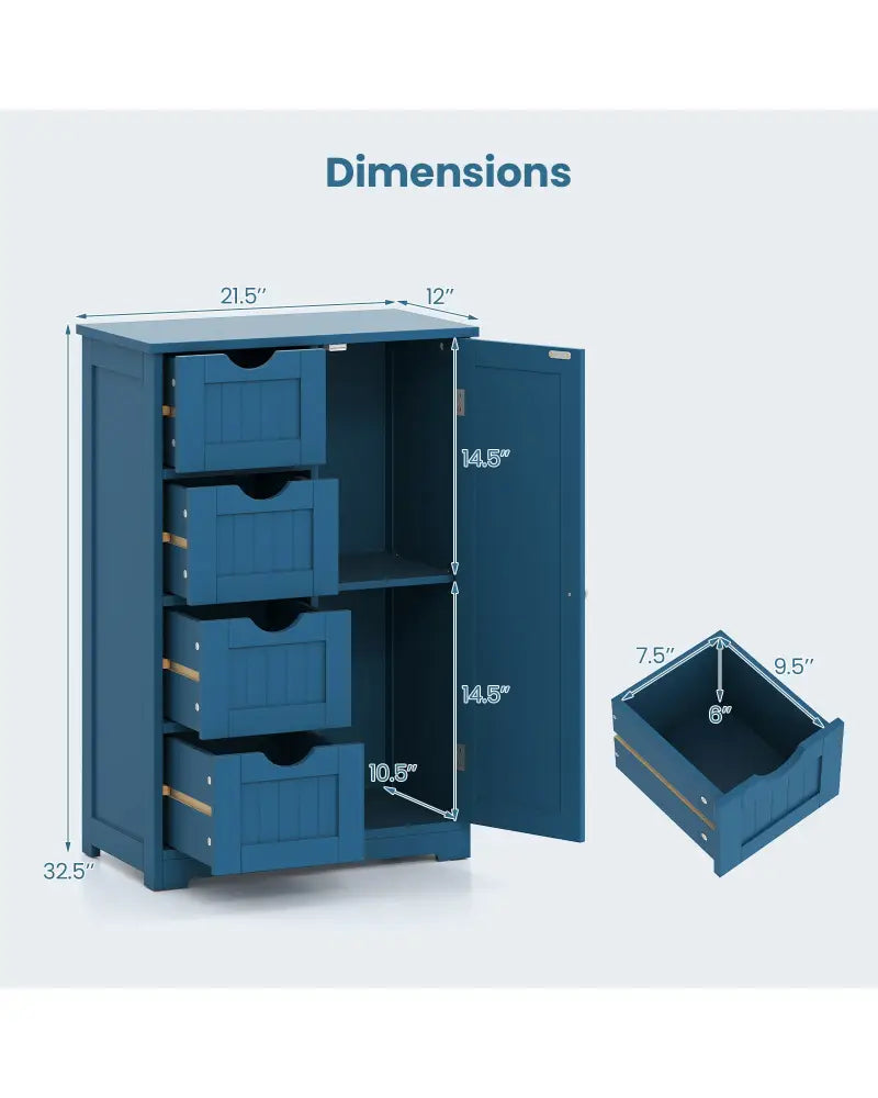 Free-Standing Wooden Cabinet with 4 Drawers and Door Cabinet-Blue - Blue - Floor Cabinets