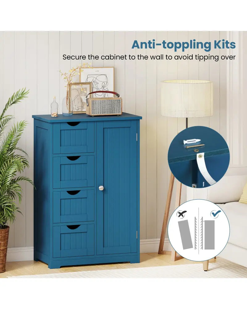 Free-Standing Wooden Cabinet with 4 Drawers and Door Cabinet-Blue - Blue - Floor Cabinets