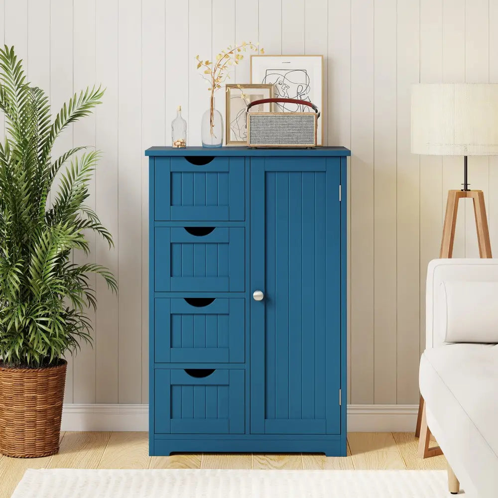 Free-Standing Wooden Cabinet with 4 Drawers and Door Cabinet-Blue - Blue - Floor Cabinets