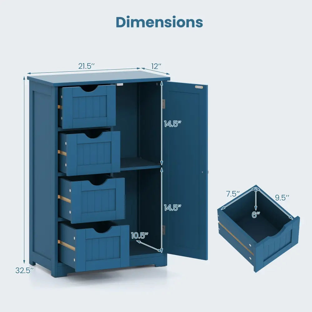 Free-Standing Wooden Cabinet with 4 Drawers and Door Cabinet-Blue - Blue - Floor Cabinets
