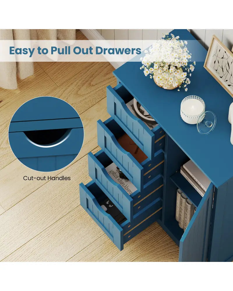 Free-Standing Wooden Cabinet with 4 Drawers and Door Cabinet-Blue - Blue - Floor Cabinets