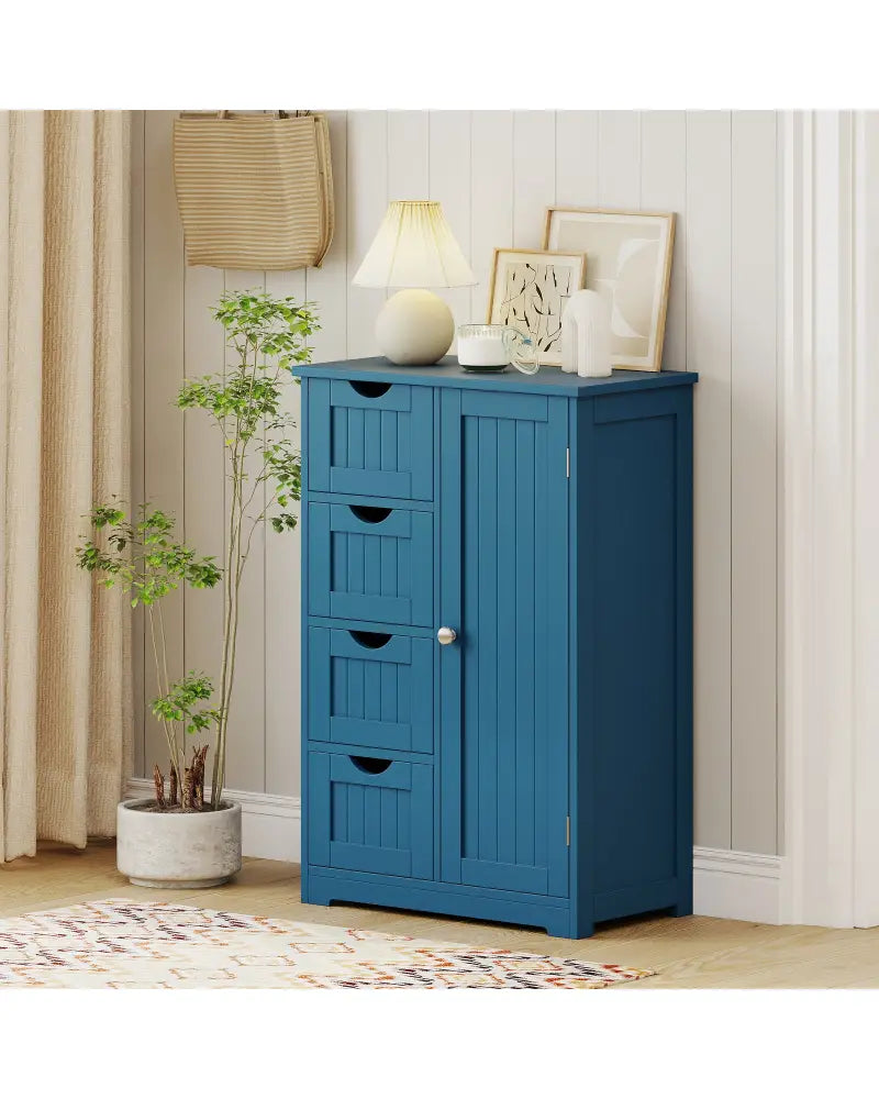 Free-Standing Wooden Cabinet with 4 Drawers and Door Cabinet-Blue - Blue - Floor Cabinets