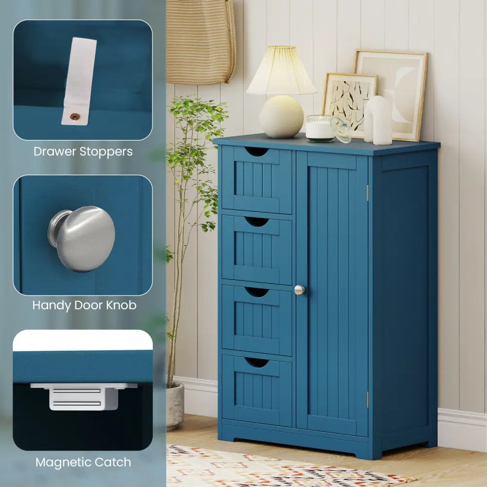 Free-Standing Wooden Cabinet with 4 Drawers and Door Cabinet-Blue - Blue - Floor Cabinets