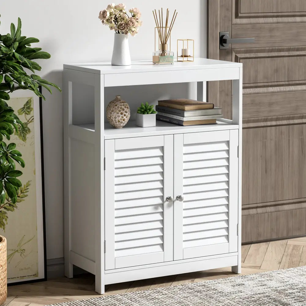 Freestanding Bathroom Floor Cabinet with Double Shutter Doors-White - White - Floor Cabinets