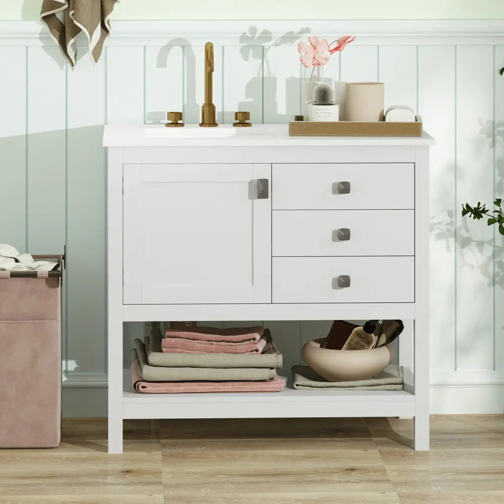 Freestanding Bathroom Vanity Unit with Basin Floor Storage Cabinet-White - White - Floor Cabinets
