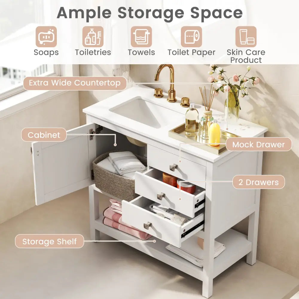 Freestanding Bathroom Vanity Unit with Basin Floor Storage Cabinet-White - White - Floor Cabinets
