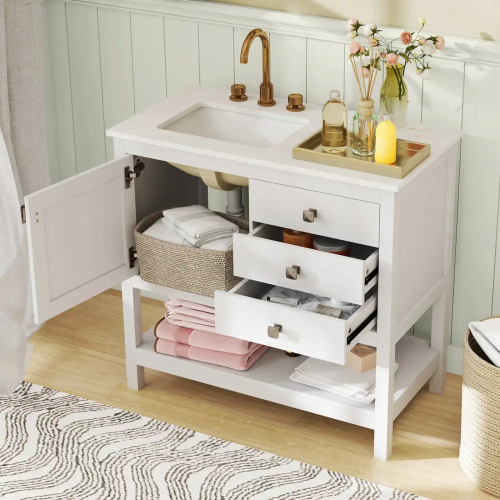 Freestanding Bathroom Vanity Unit with Basin Floor Storage Cabinet-White - White - Floor Cabinets
