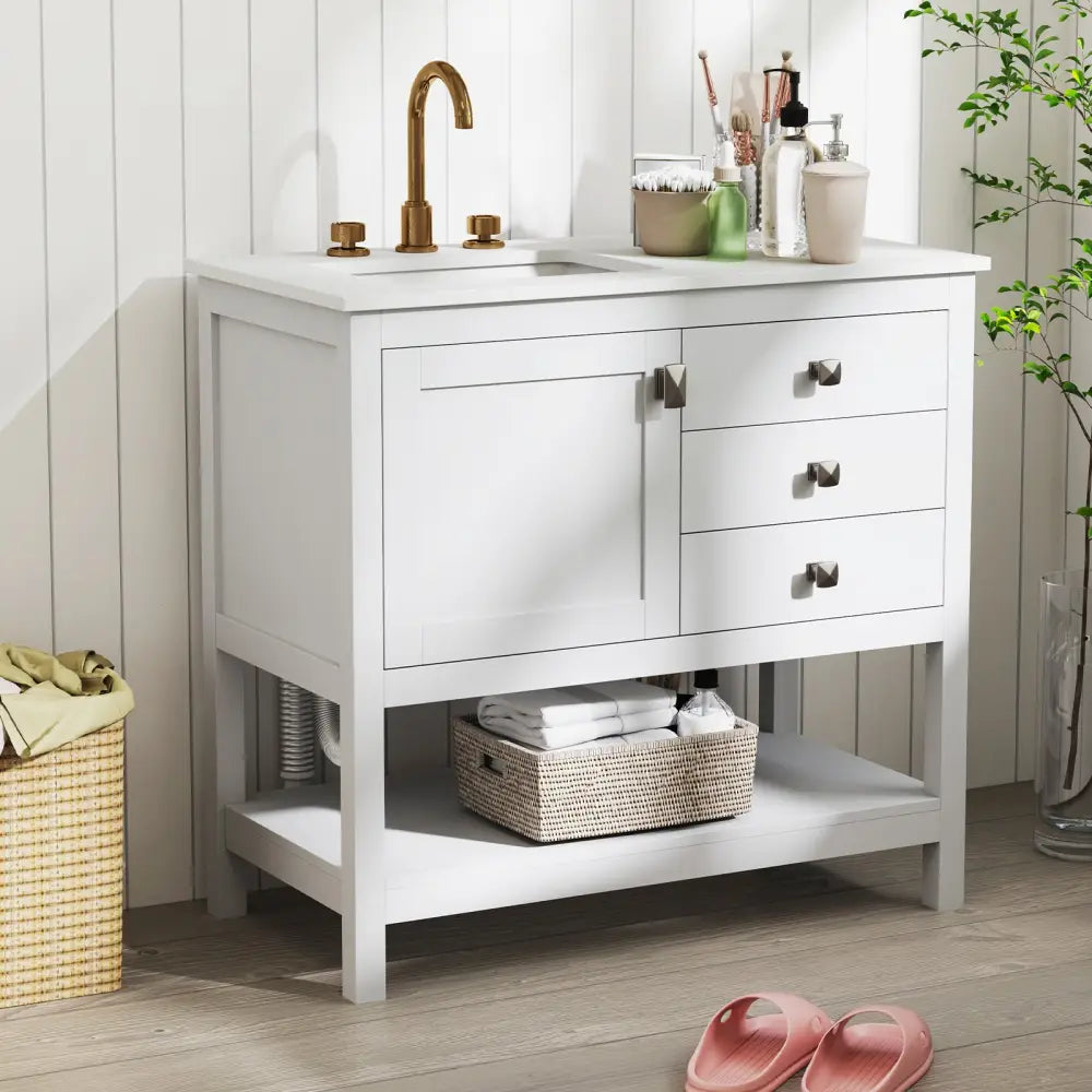 Freestanding Bathroom Vanity Unit with Basin Floor Storage Cabinet-White - White - Floor Cabinets