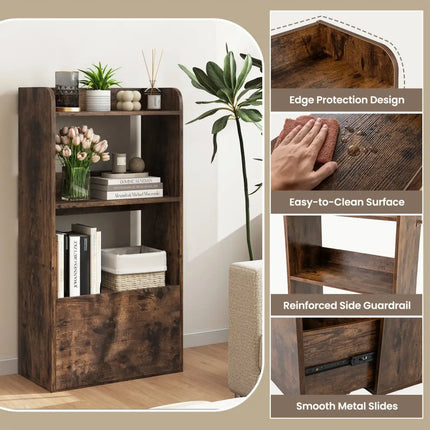 Freestanding Bookshelf with 3-Tier Open Shelf-Rustic Brown - Rustic Brown - Bookcases