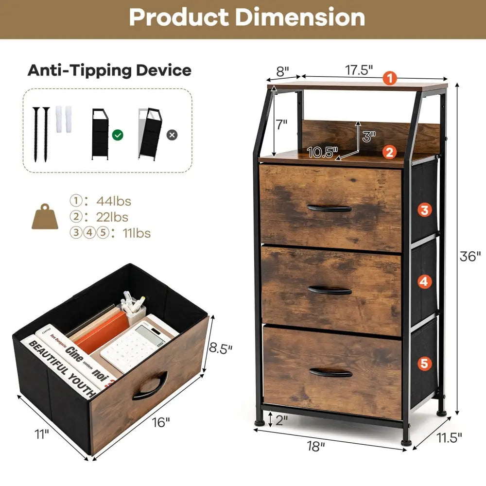 Freestanding Cabinet Dresser with Wooden Top Shelves-M - Rustic Brown - Dressers & Chests