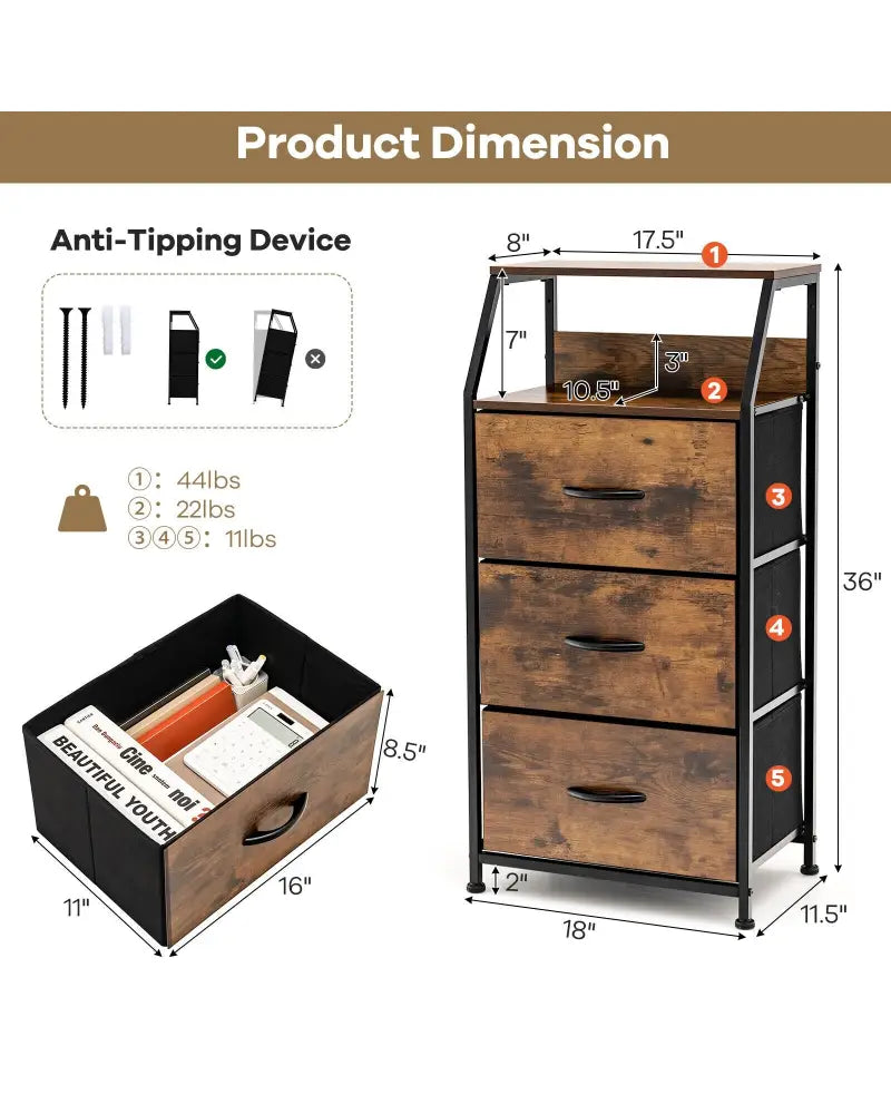 Freestanding Cabinet Dresser with Wooden Top Shelves-M - Rustic Brown - Dressers & Chests