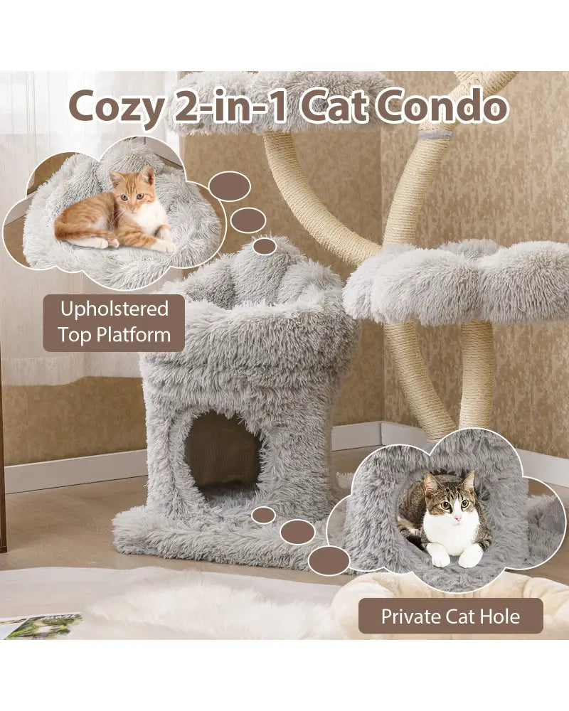 Freestanding Cat Tower with four Flower-shaped Platforms and Sisal Scratching Posts-Gray - Gray - Cat Trees Condos &