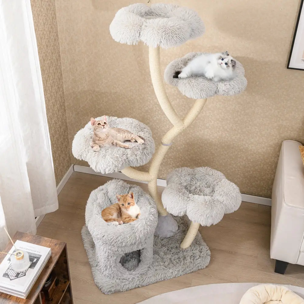 Freestanding Cat Tower with four Flower-shaped Platforms and Sisal Scratching Posts-Gray - Gray - Cat Trees Condos &
