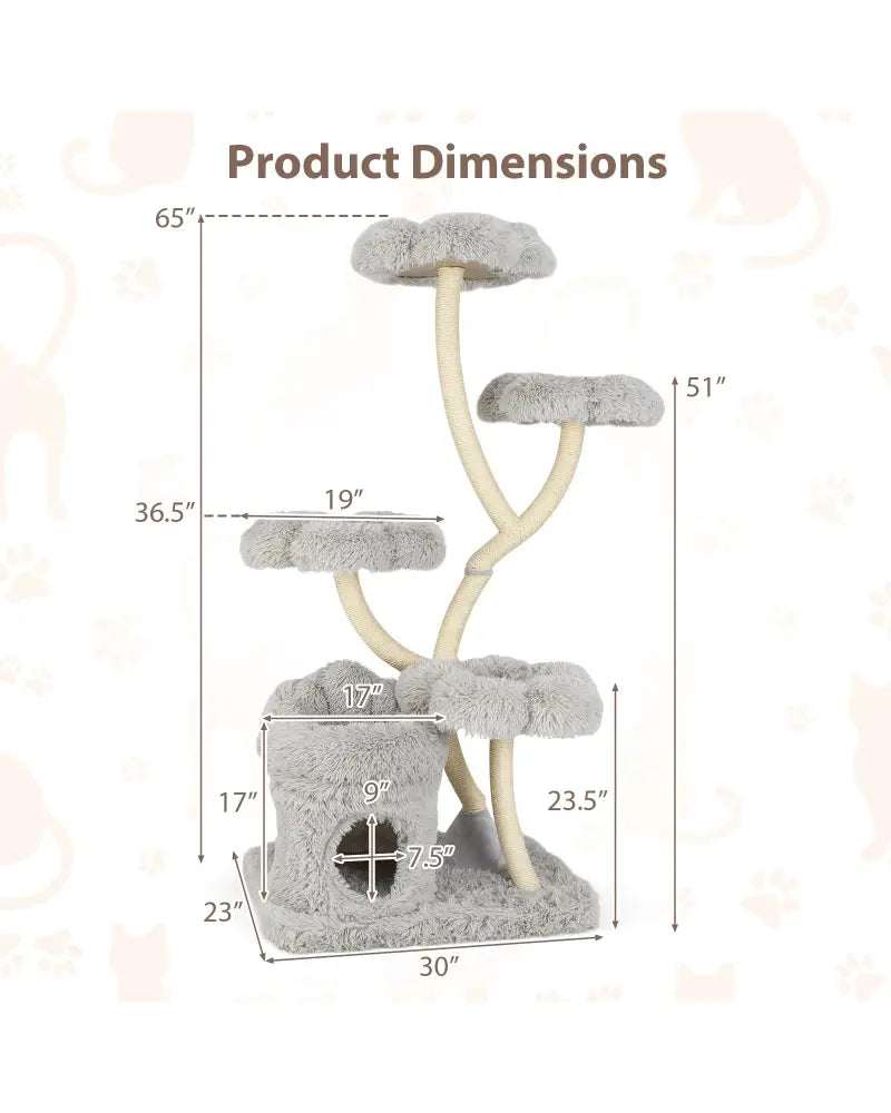 Freestanding Cat Tower with four Flower-shaped Platforms and Sisal Scratching Posts-Gray - Gray - Cat Trees Condos &