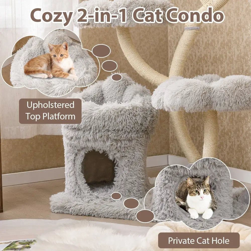 Freestanding Cat Tower with four Flower-shaped Platforms and Sisal Scratching Posts-Gray - Gray - Cat Trees Condos &
