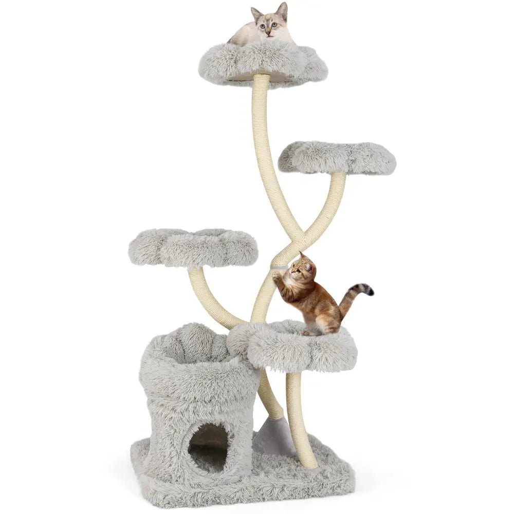 Freestanding Cat Tower with four Flower-shaped Platforms and Sisal Scratching Posts-Gray - Gray - Cat Trees Condos &