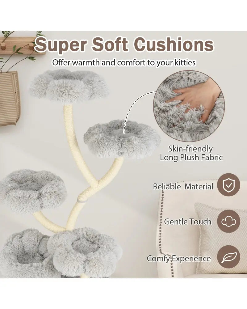 Freestanding Cat Tower with four Flower-shaped Platforms and Sisal Scratching Posts-Gray - Gray - Cat Trees Condos &