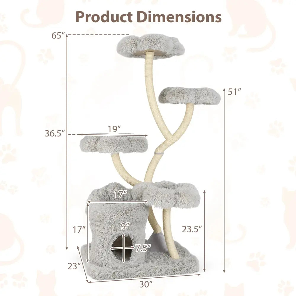Freestanding Cat Tower with four Flower-shaped Platforms and Sisal Scratching Posts-Gray - Gray - Cat Trees Condos &