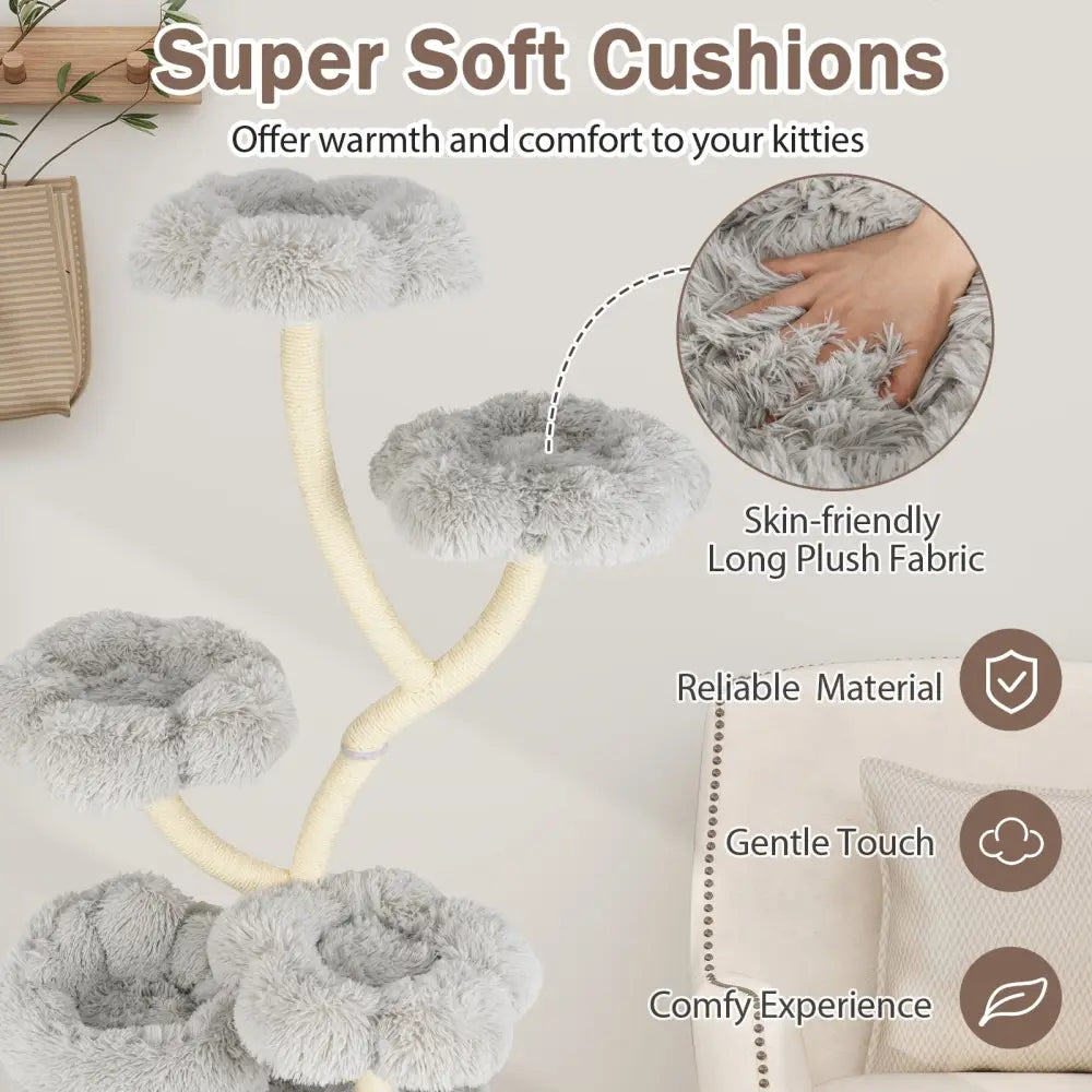 Freestanding Cat Tower with four Flower-shaped Platforms and Sisal Scratching Posts-Gray - Gray - Cat Trees Condos &