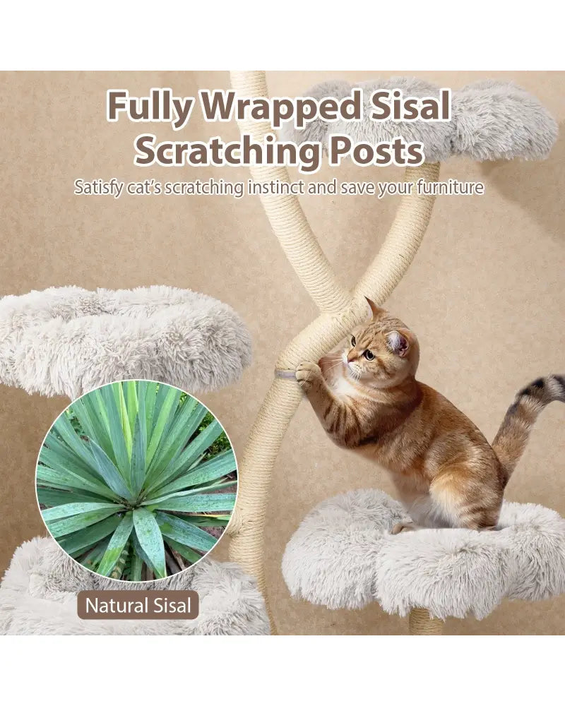 Freestanding Cat Tower with four Flower-shaped Platforms and Sisal Scratching Posts-Gray - Gray - Cat Trees Condos &