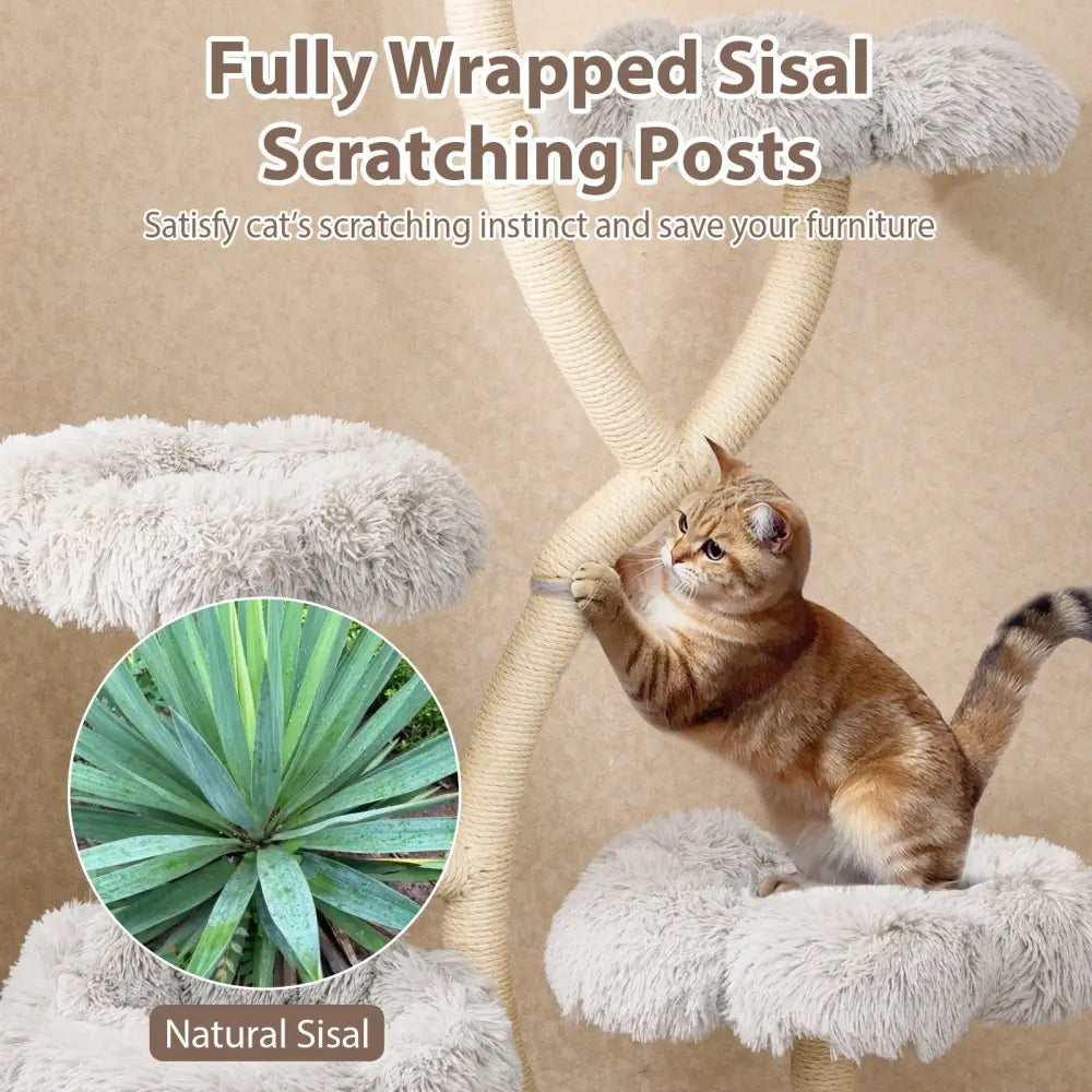Freestanding Cat Tower with four Flower-shaped Platforms and Sisal Scratching Posts-Gray - Gray - Cat Trees Condos &