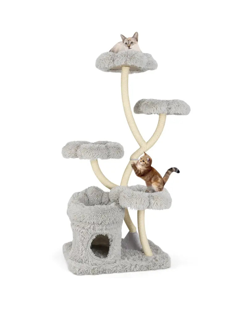 Freestanding Cat Tower with four Flower-shaped Platforms and Sisal Scratching Posts-Gray - Gray - Cat Trees Condos &