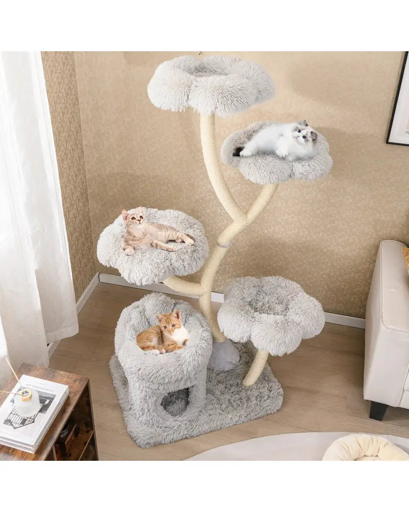 Freestanding Cat Tower with four Flower-shaped Platforms and Sisal Scratching Posts-Gray - Gray - Cat Trees Condos &
