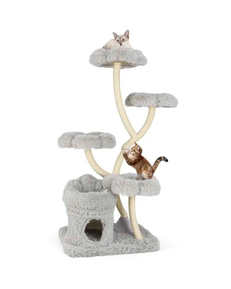 Freestanding Cat Tower with four Flower-shaped Platforms and Sisal Scratching Posts-Gray - Gray - Cat Trees Condos &