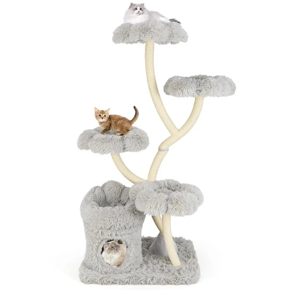 Freestanding Cat Tower with four Flower-shaped Platforms and Sisal Scratching Posts-Gray - Gray - Cat Trees Condos &