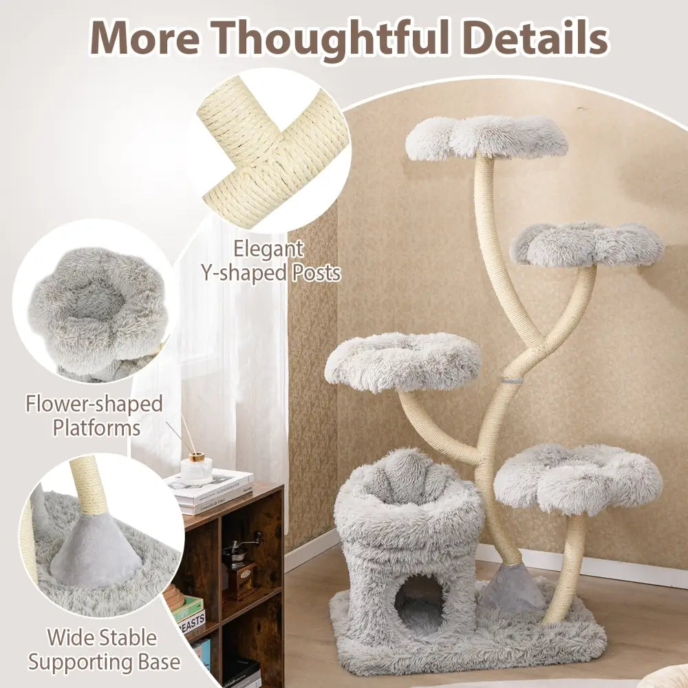 Freestanding Cat Tower with four Flower-shaped Platforms and Sisal Scratching Posts-Gray - Gray - Cat Trees Condos &
