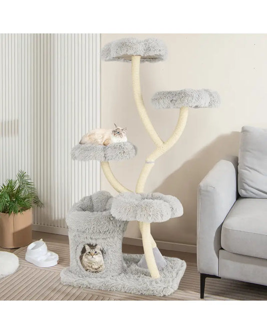 Freestanding Cat Tower with four Flower-shaped Platforms and Sisal Scratching Posts-Gray - Gray - Cat Trees Condos &