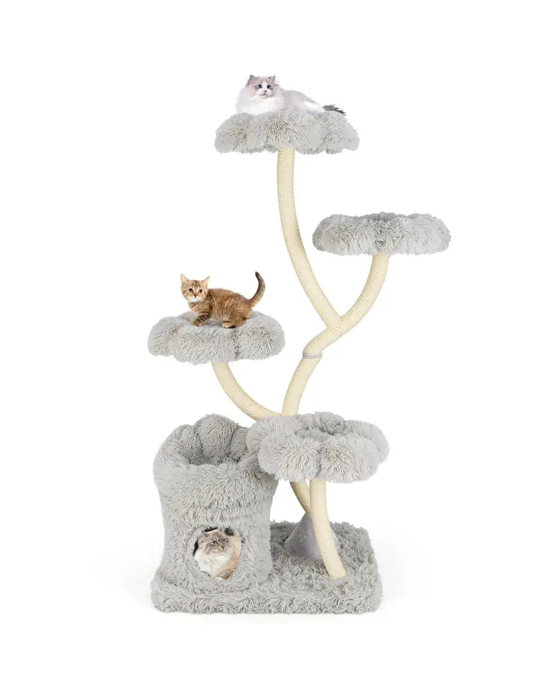 Freestanding Cat Tower with four Flower-shaped Platforms and Sisal Scratching Posts-Gray - Gray - Cat Trees Condos &