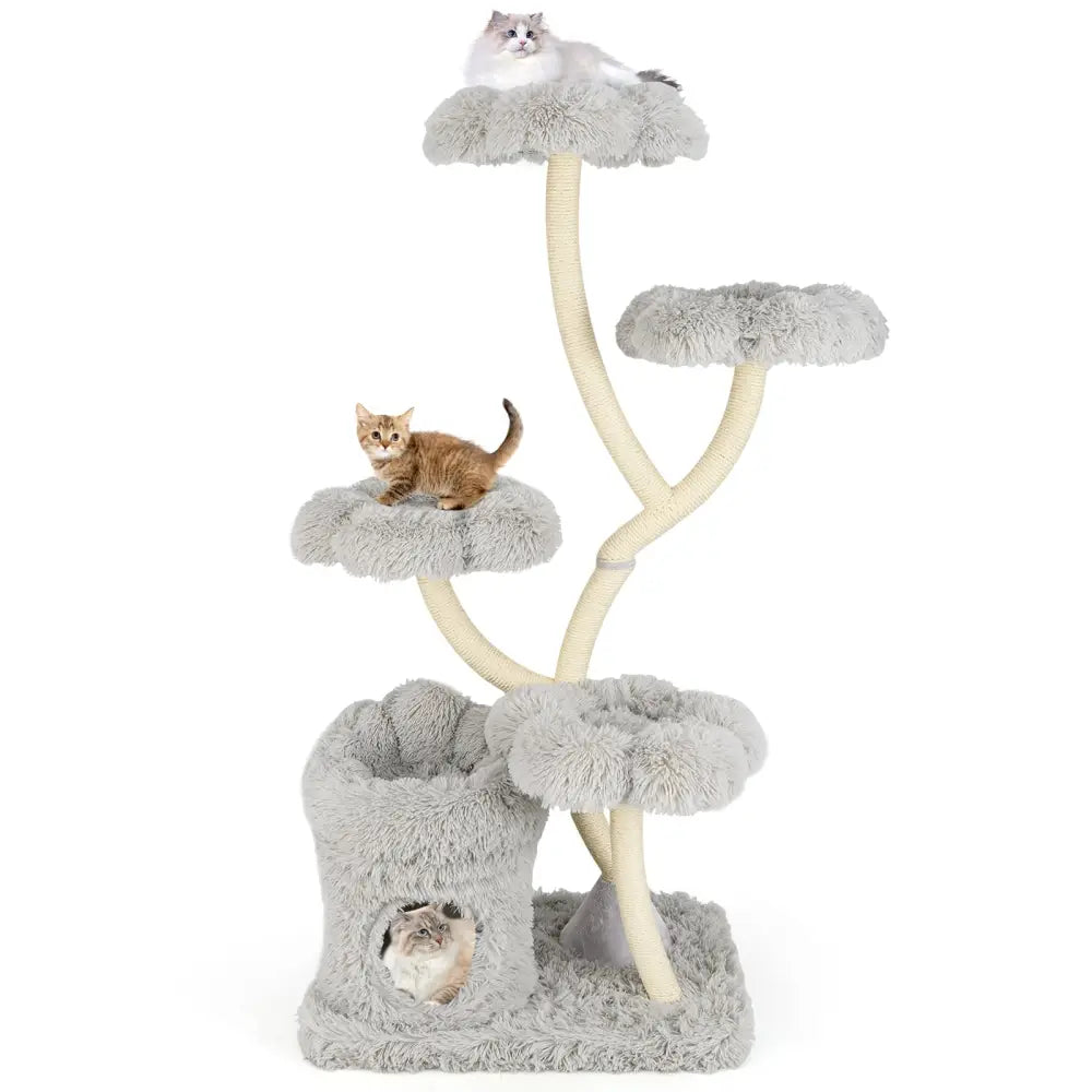 Freestanding Cat Tower with four Flower-shaped Platforms and Sisal Scratching Posts-Gray - Gray - Cat Trees Condos &