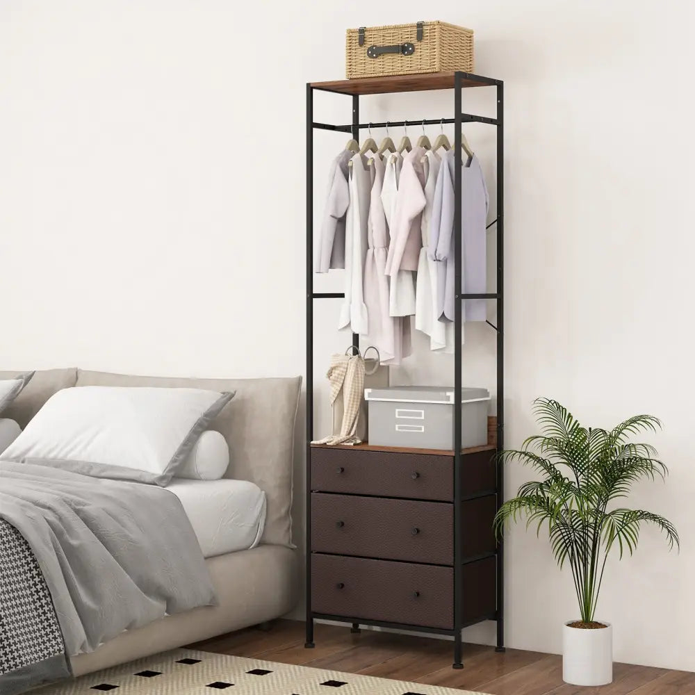 Freestanding Closet Organizer with 3-position Hanging Rod and Storage Shelves-Brown - Brown - Dressers & Chests