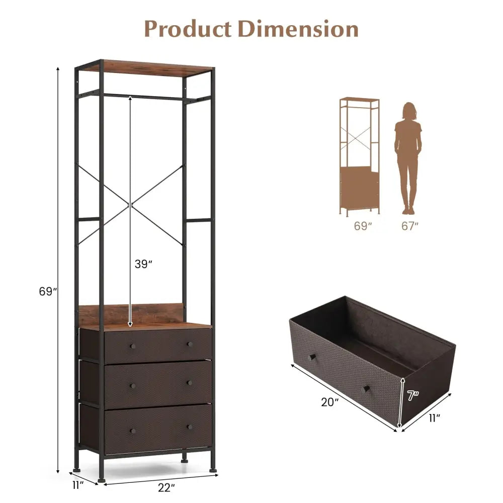 Freestanding Closet Organizer with 3-position Hanging Rod and Storage Shelves-Brown - Brown - Dressers & Chests