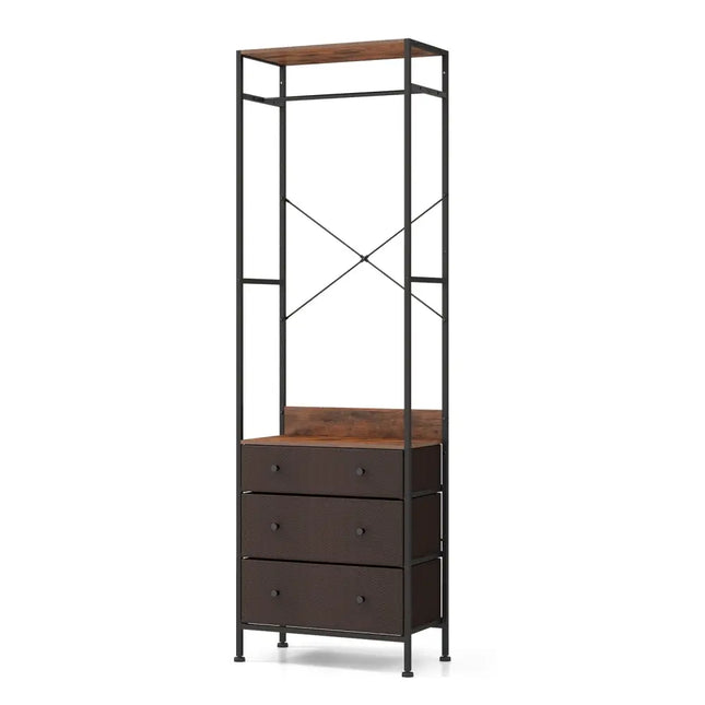 Freestanding Closet Organizer with 3-position Hanging Rod and Storage Shelves-Brown - Brown - Dressers & Chests