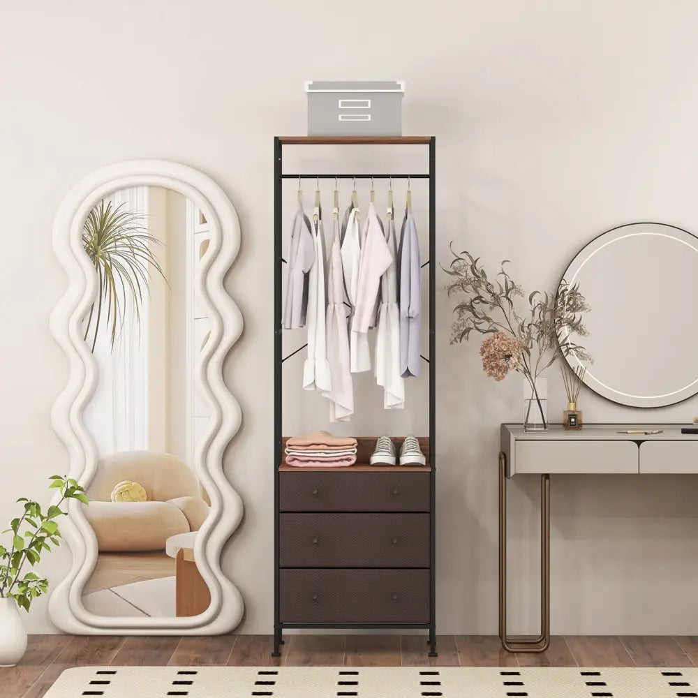 Freestanding Closet Organizer with 3-position Hanging Rod and Storage Shelves-Brown - Brown - Dressers & Chests