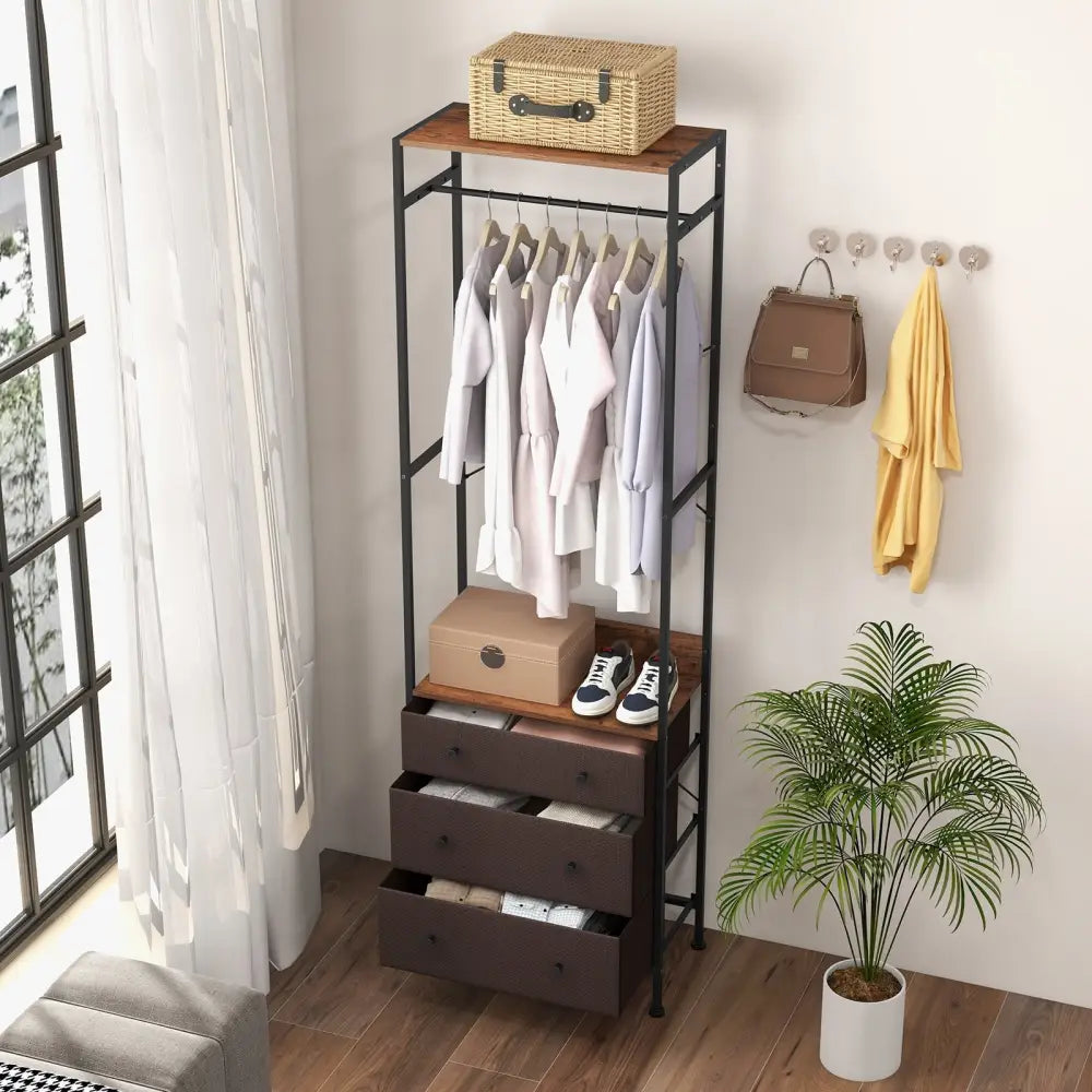 Freestanding Closet Organizer with 3-position Hanging Rod and Storage Shelves-Brown - Brown - Dressers & Chests