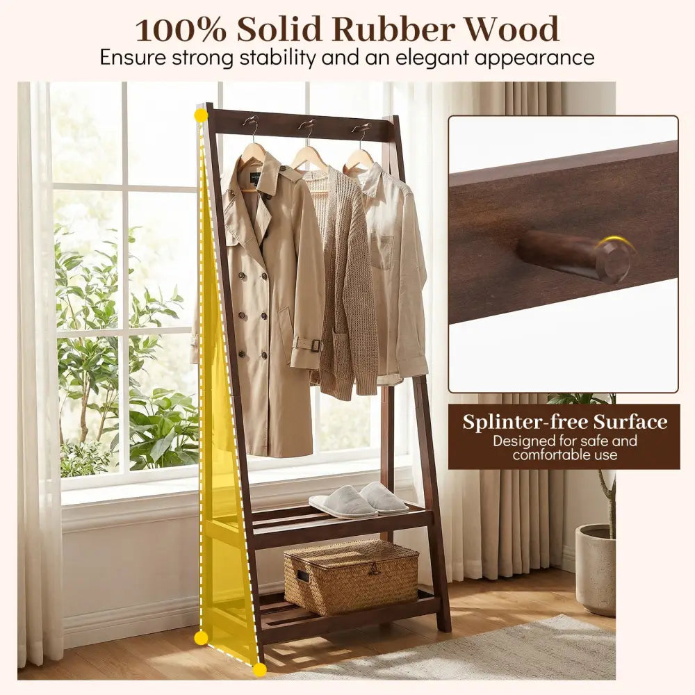 Freestanding Clothes Rack with 3 Hooks and 2 Shelves-Walnut - Walnut - Coat Racks & Hall Trees