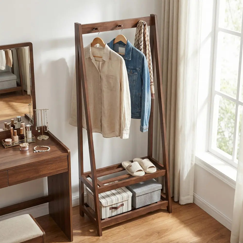 Freestanding Clothes Rack with 3 Hooks and 2 Shelves-Walnut - Walnut - Coat Racks & Hall Trees