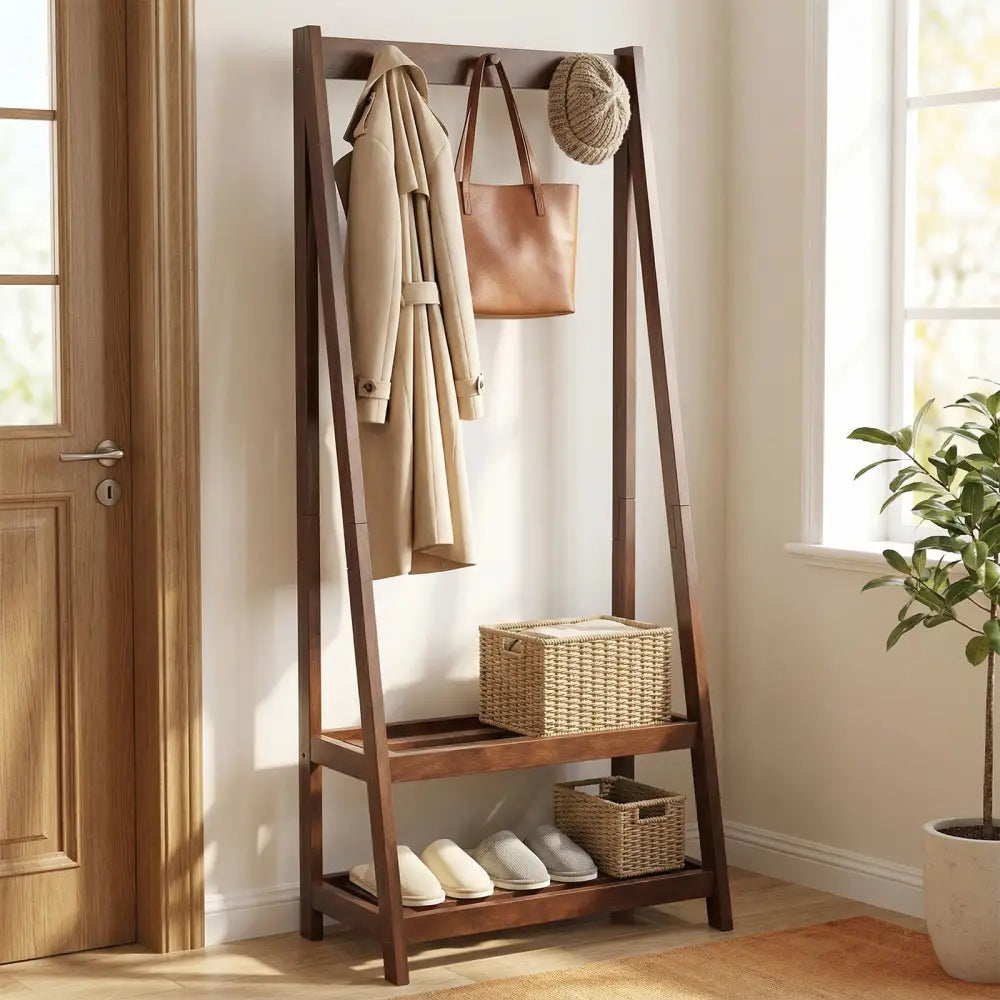 Freestanding Clothes Rack with 3 Hooks and 2 Shelves-Walnut - Walnut - Coat Racks & Hall Trees