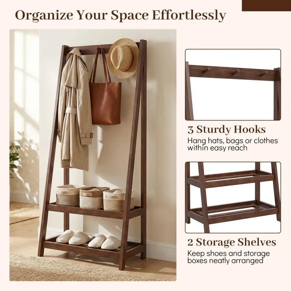 Freestanding Clothes Rack with 3 Hooks and 2 Shelves-Walnut - Walnut - Coat Racks & Hall Trees